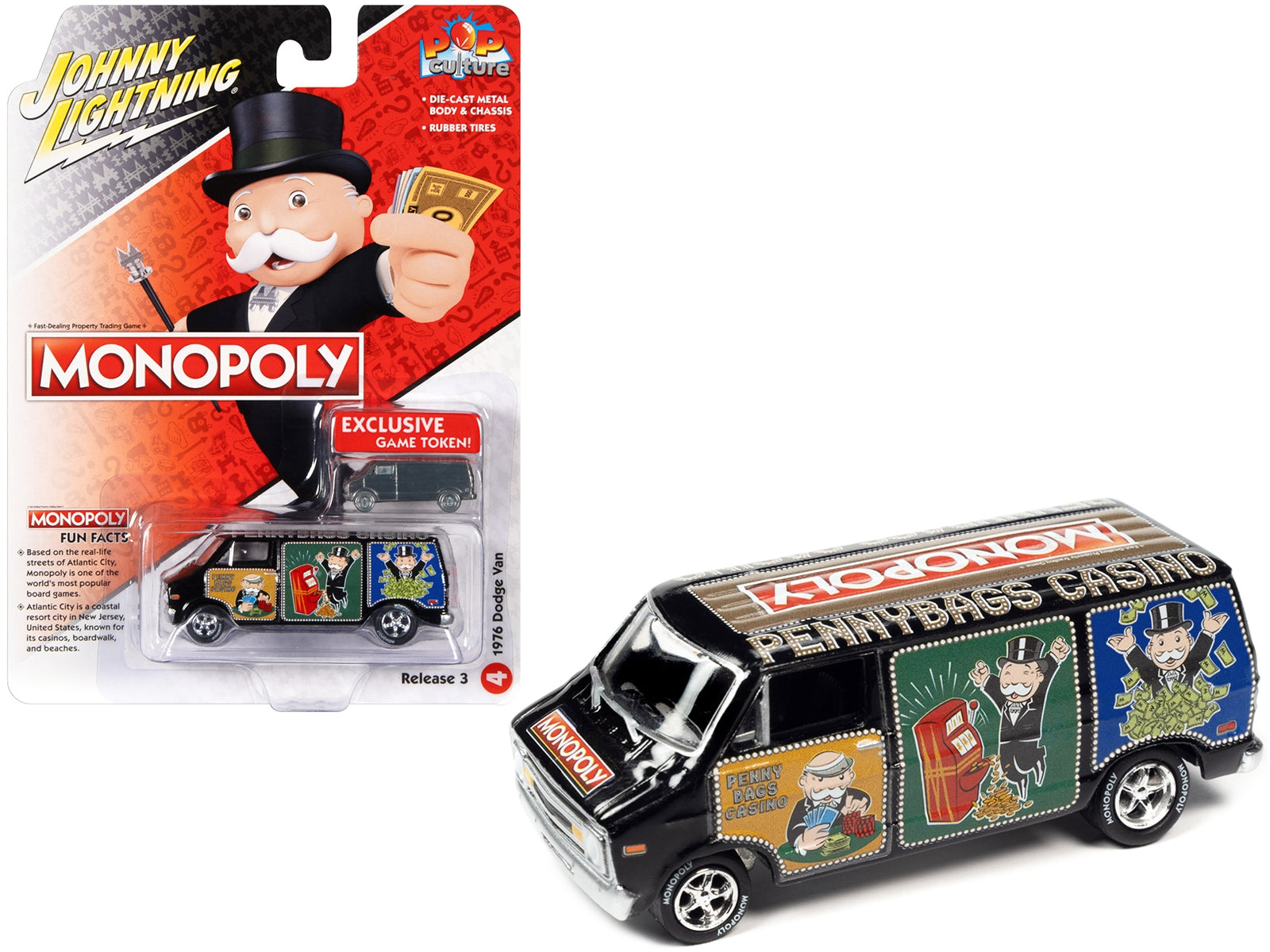 1976 Dodge Van Black "Pennybags Casino - Monopoly" with Dodge Van Monopoly Game Token "Pop Culture" 2022 Release 3 1/64 Diecast Model Car by Johnny Lightning - Premium Movie/TV Series Models from Johnny Lightning - Just $19.99! Shop now at Rapidvehicles