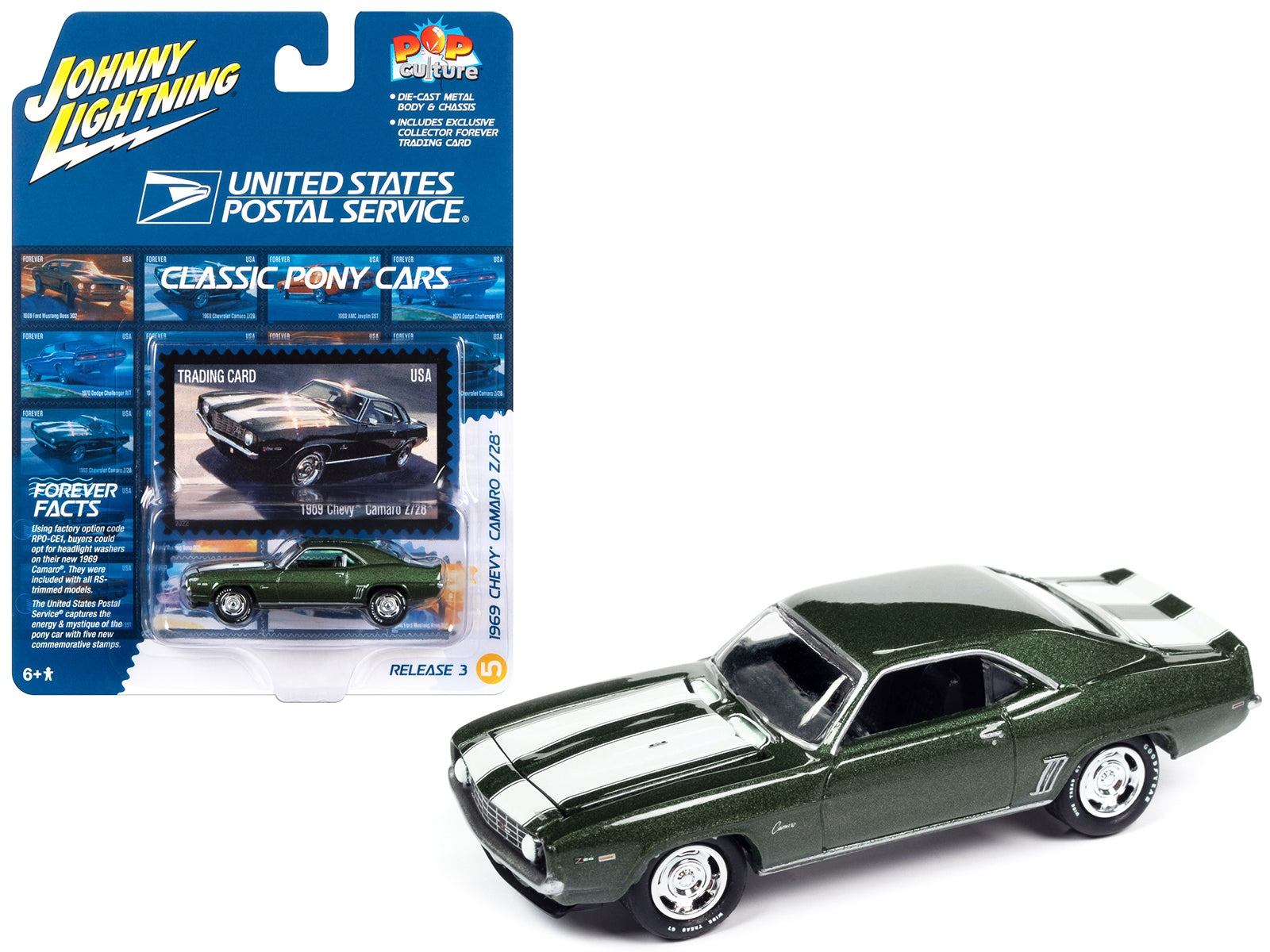 1969 Chevrolet Camaro Z/28 Green Metallic with White Stripes "United States Postal Service" "Pop Culture" 2023 Release 3  1/64 Diecast Model Car by Johnny Lightning - Premium Chevrolet Models from Johnny Lightning - Just $19.99! Shop now at Rapidvehicles