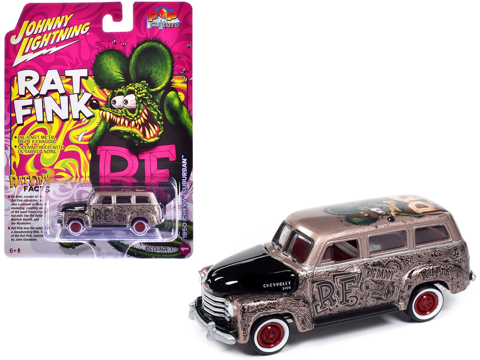 1950 Chevrolet 3100 Suburban Bronze Metallic with Black Hood "Rat Fink" Pop Culture 2024 Release 1 1/64 Diecast Model Car by Johnny Lightning - Premium Chevrolet Models from Johnny Lightning - Just $26.68! Shop now at Rapidvehicles