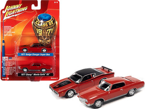 1971 Dodge Charger Super Bee Red with Black Top and 1971 Chevrolet Monte Carlo SS Cranberry Red "Class of 1971" Set of 2 Cars 1/64 Diecast Model Cars by Johnny Lightning - Premium 1/64 Scale Sets from Johnny Lightning - Just $34.99! Shop now at Rapidvehicles