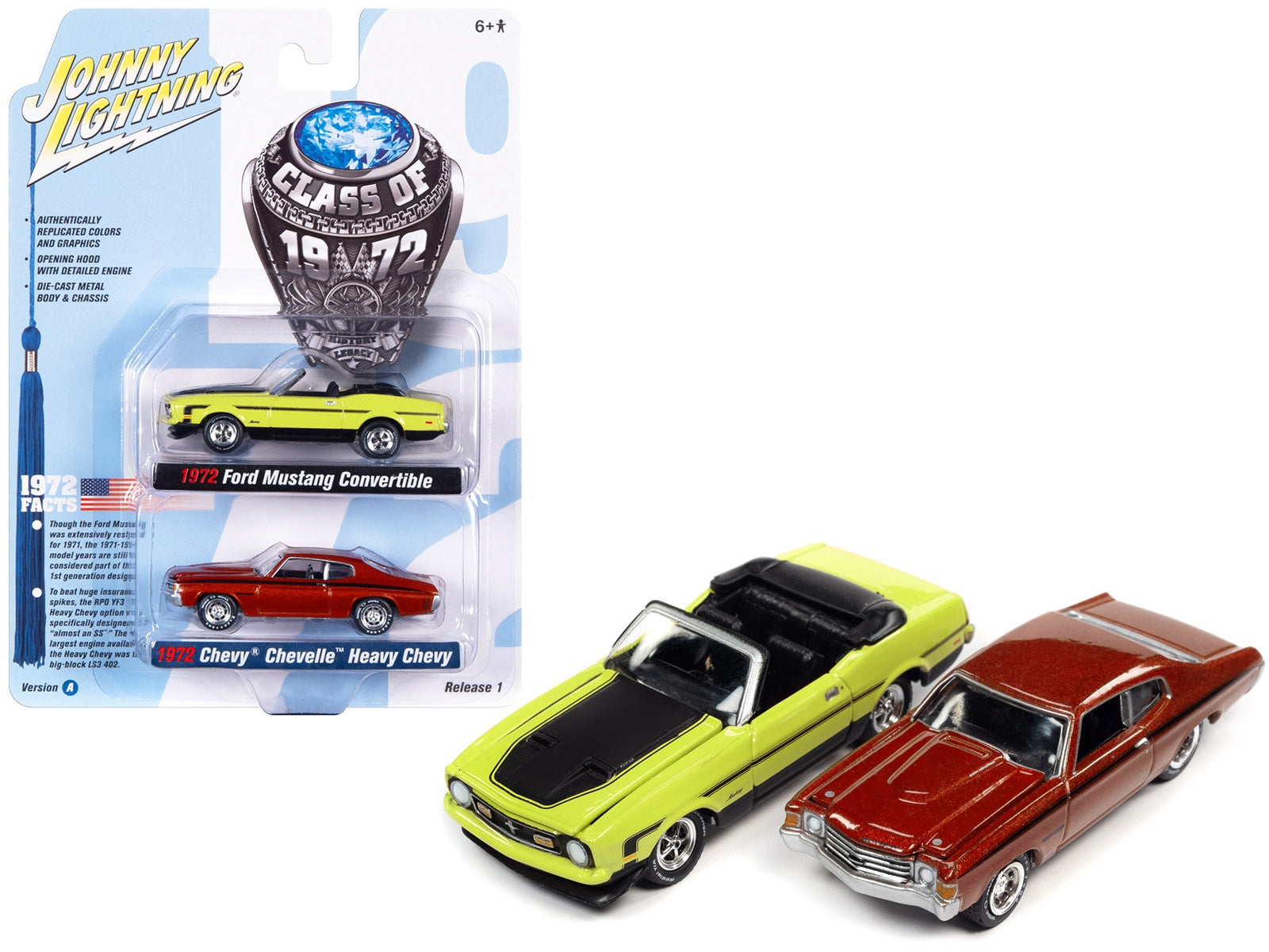 1972 Ford Mustang Convertible Bright Lime Green with Black Hood and Stripes and 1972 Chevrolet Chevelle SS Heavy Chevy Orange Flame Metallic with Black Stripes "Class of 1972" Set of 2 Cars 1/64 Diecast Model Cars by Johnny Lightning - Premium Ford Models from Johnny Lightning - Just $37.19! Shop now at Rapidvehicles