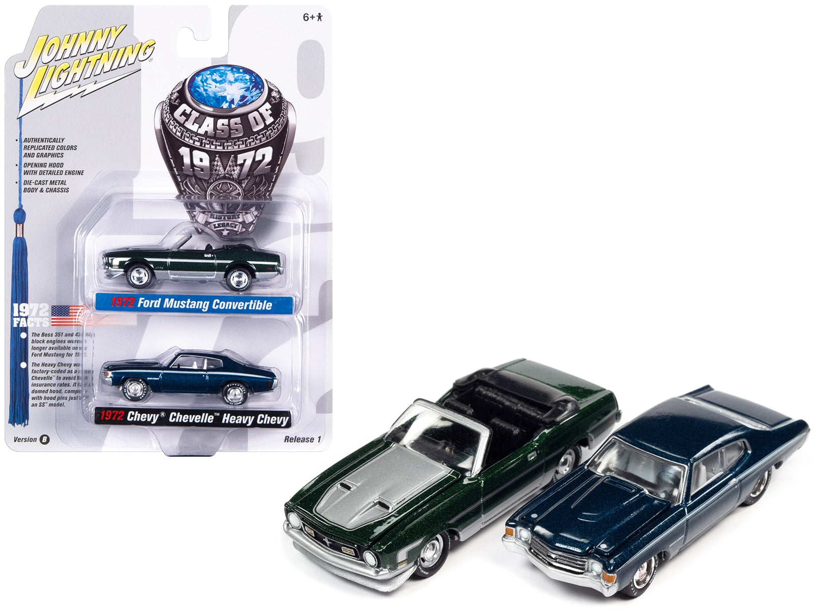 1972 Ford Mustang Convertible Dark Green Metallic with Silver Hood and Stripes and 1972 Chevrolet Chevelle SS Heavy Chevy Fathom Blue Metallic with White Stripes "Class of 1972" Set of 2 Cars 1/64 Diecast Model Cars by Johnny Lightning - Premium Ford Models from Johnny Lightning - Just $36.85! Shop now at Rapidvehicles