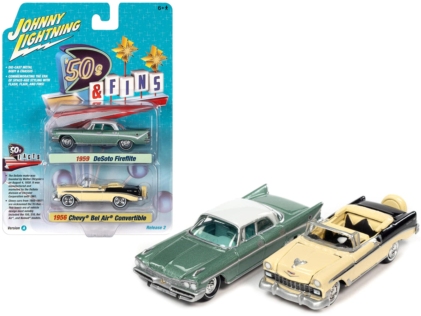 1959 Desoto Fireflite Surf Green Metallic with White Top and 1956 - Premium DeSoto Models from Johnny Lightning - Just $41.39! Shop now at Rapidvehicles