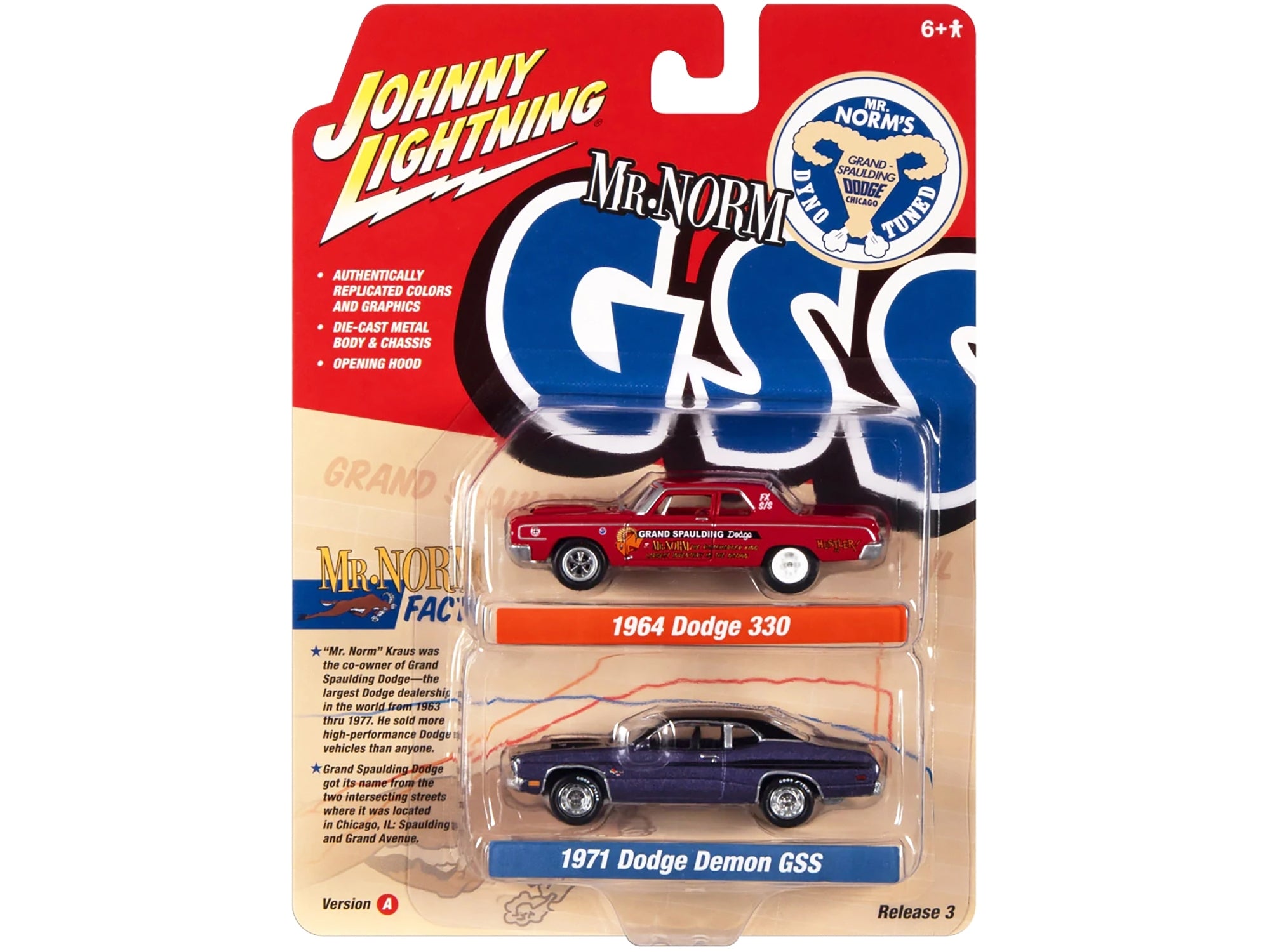 1964 Dodge 330 "Mr. Norm - Grand Spaulding Dodge" Red and 1971 Dodge Demon GSS Plum Crazy with Black Top and Stripes "Mr. Norm GSS" Series Set of 2 Cars 1/64 Diecast Model Cars by Johnny Lightning - Premium 1/64 Scale Sets from Johnny Lightning - Just $31.99! Shop now at Rapidvehicles