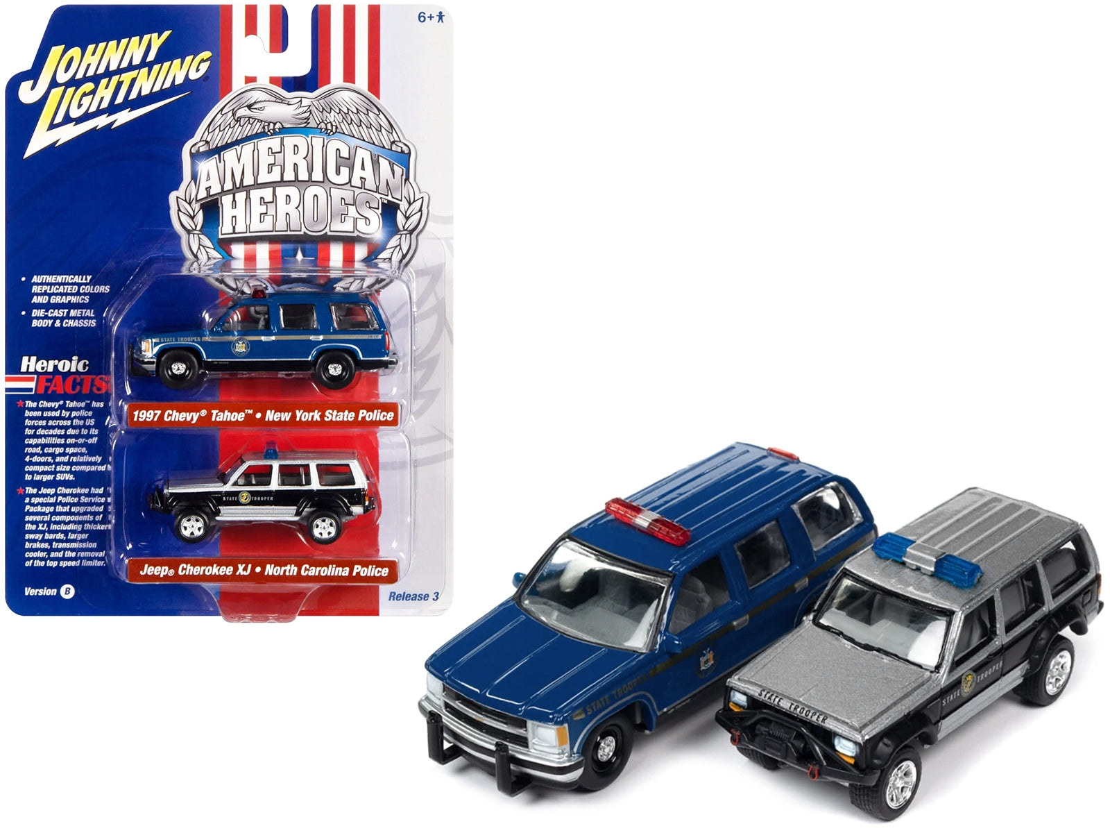 1997 Chevrolet Tahoe "New York State Trooper" Blue with Gold Stripes and Jeep Cherokee XJ "North Carolina State Trooper" Black and Silver "American Heroes" Series Set of 2 Cars 1/64 Diecast Model Cars by Johnny Lightning - Premium Jeep Models from Johnny Lightning - Just $36.37! Shop now at Rapidvehicles