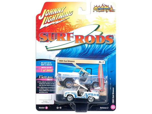 1966 Ford Bronco with Surf Board White and Blue Designs "Street - Premium Ford Models from Johnny Lightning - Just $28.79! Shop now at Rapidvehicles