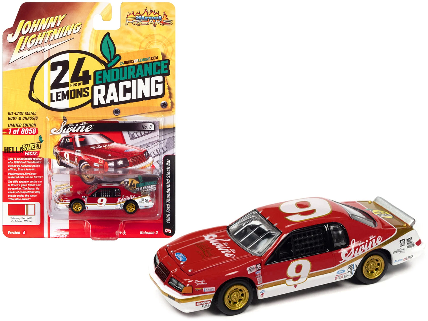 1986 Ford Thunderbird Stock Car #9 Primary Red "Thin Blue Swine" - Premium Ford Models from Johnny Lightning - Just $28.79! Shop now at Rapidvehicles