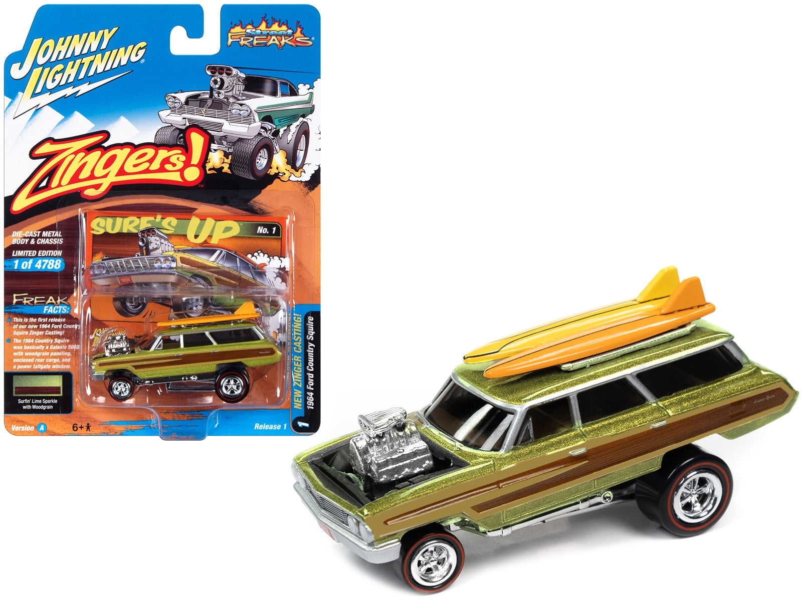 1964 Ford Country Squire Surfin' Lime Metallic with Woodgrain Panels and Surfboard on Roof "Zingers!" Limited Edition to 4788 pieces Worldwide "Street Freaks" Series 1/64 Diecast Model Car by Johnny Lightning - Premium Ford Models from Johnny Lightning - Just $25.07! Shop now at Rapidvehicles