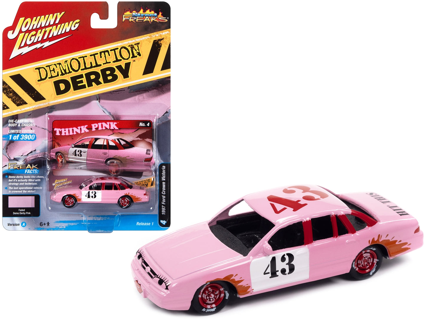 1997 Ford Crown Victoria #43 Faded Demo Derby Pink "Demolition - Premium Ford Models from Johnny Lightning - Just $27.99! Shop now at Rapidvehicles