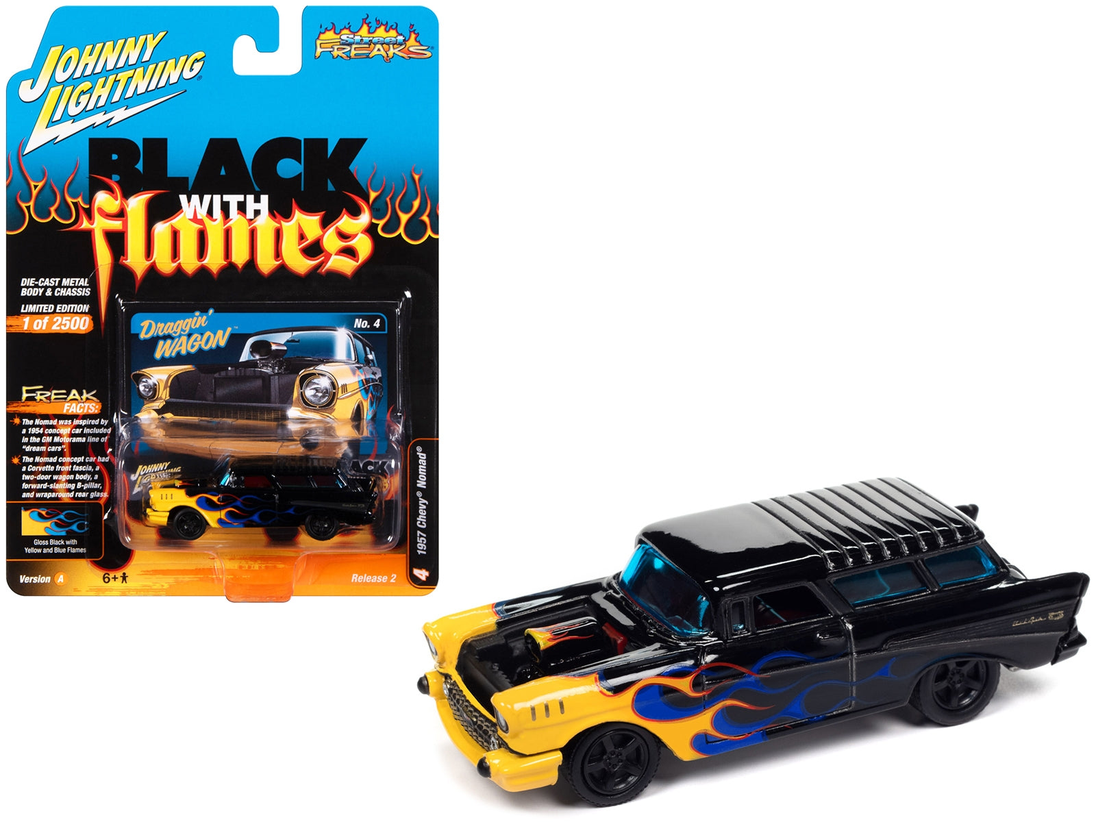 1957 Chevrolet Nomad "Draggin' Wagon" Black with Blue and Yellow Flames "Black with Flames" Limited Edition to 2500 pieces Worldwide "Street Freaks" Series 1/64 Diecast Model Car by Johnny Lightning - Premium Chevrolet Models from Johnny Lightning - Just $25.07! Shop now at Rapidvehicles