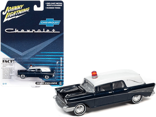 1957 Chevrolet Hearse Metisse Blue Metallic with White Top 1/64 - Premium Chevrolet Models from Johnny Lightning - Just $31.49! Shop now at Rapidvehicles