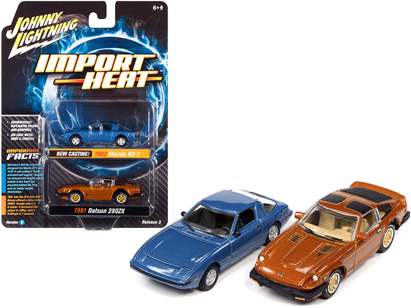 1982 Mazda RX-7 Blue Metallic and 1981 Datsun 280ZX Orange Mist Metallic "Import Heat" Set of 2 Cars 1/64 Diecast Model Cars by Johnny Lightning free shipping USA