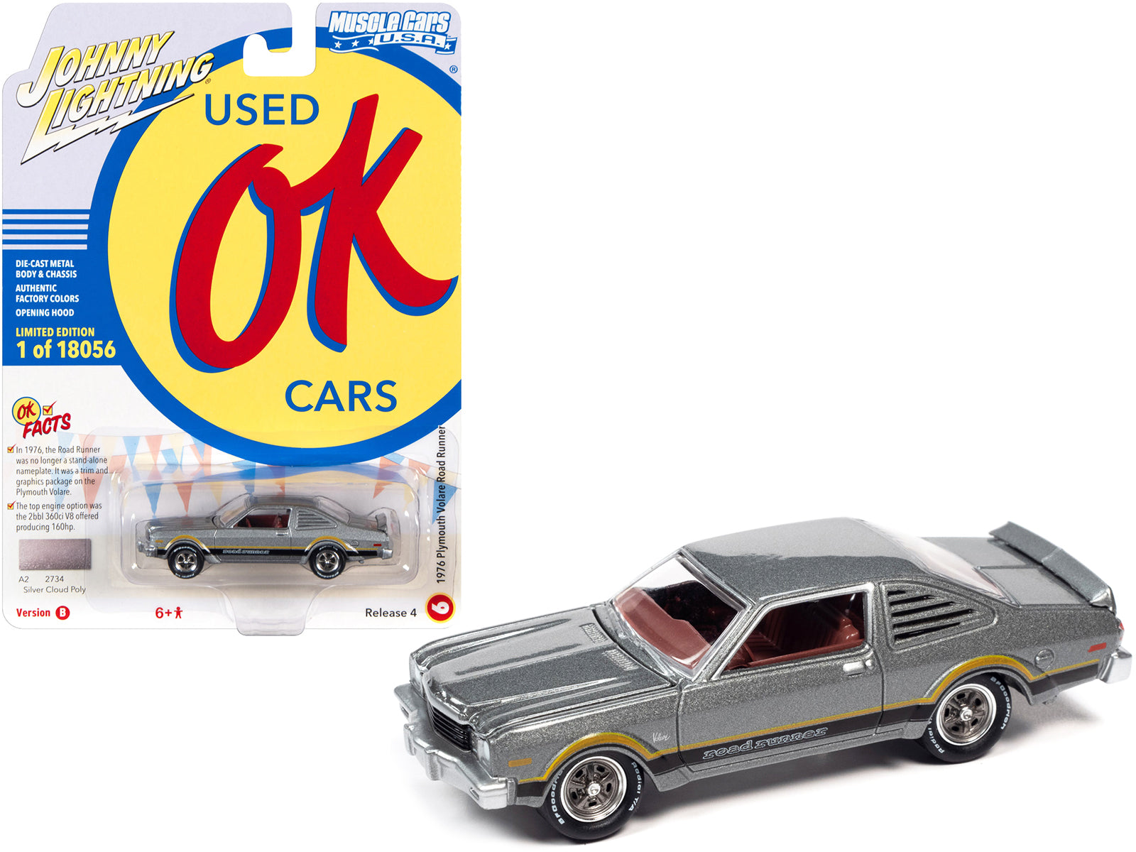 1976 Plymouth Volare Road Runner Silver Cloud Metallic with Stripes "OK Used Cars" Series Limited Edition to 18056 pieces Worldwide 1/64 Diecast Model Car by Johnny Lightning free shipping USA