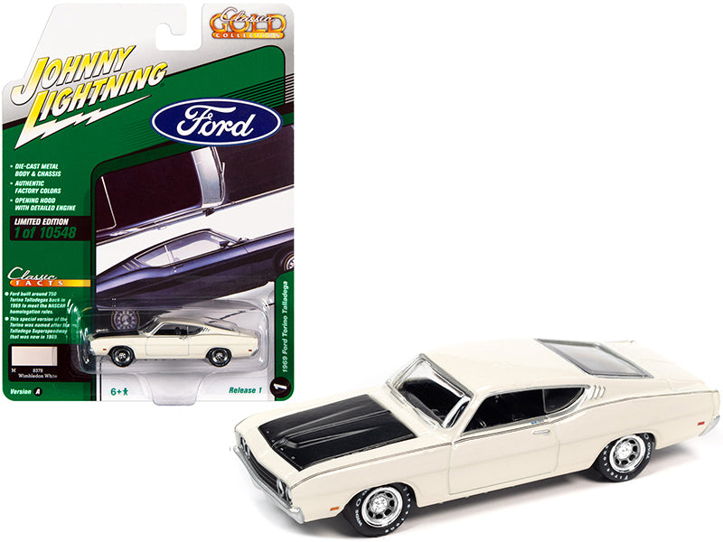 1969 Ford Torino Talladega Wimbledon White with Matt Black Hood "Classic Gold Collection" Series Limited Edition to 10548 pieces Worldwide 1/64 Diecast Model Car by Johnny Lightning free shipping USA