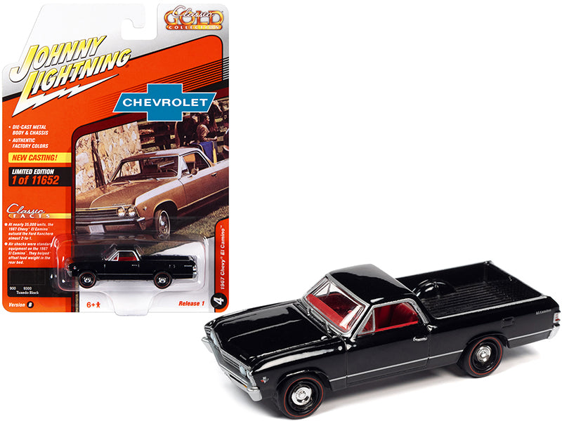 1967 Chevrolet El Camino Tuxedo Black with Red Interior "Classic Gold Collection" Series Limited Edition to 11652 pieces Worldwide 1/64 Diecast Model Car by Johnny Lightning free shipping USA