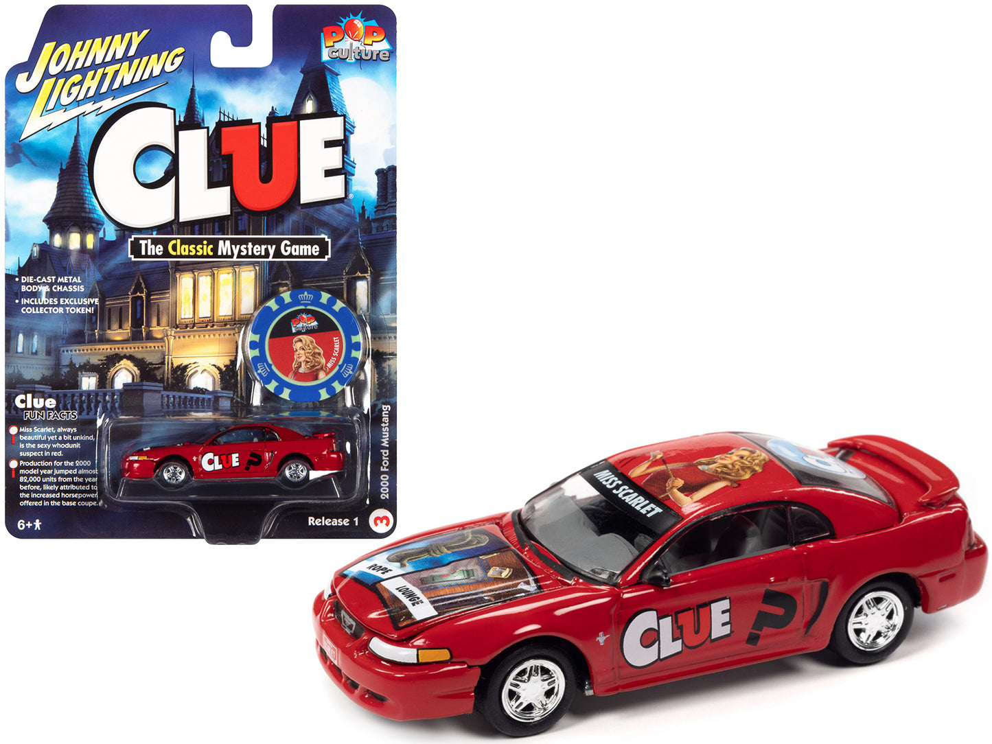 2000 Ford Mustang "Miss Scarlet" Red with Graphics with Poker Chip (Collector Token) "Modern Clue" "Pop Culture" 2022 Release 1 1/64 Diecast Model Car by Johnny Lightning - Use code SHOPAPP15 to get 15 percent off