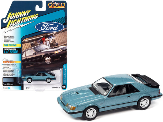 1986 Ford Mustang SVO Light Regatta Blue Metallic with Black Stripes "Classic Gold Collection" Series Limited Edition to 12768 pieces Worldwide 1/64 Diecast Model Car by Johnny Lightning free shipping USA