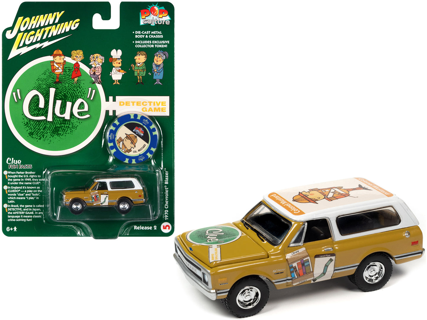 1970 Chevrolet Blazer Mustard Yellow with White Top (Colonel Mustard) w/Poker Chip Collector's Token "Vintage Clue" "Pop Culture" 2022 Release 2 1/64 Diecast Model Car by Johnny Lightning - Use code SHOPAPP15 to get 15 percent off