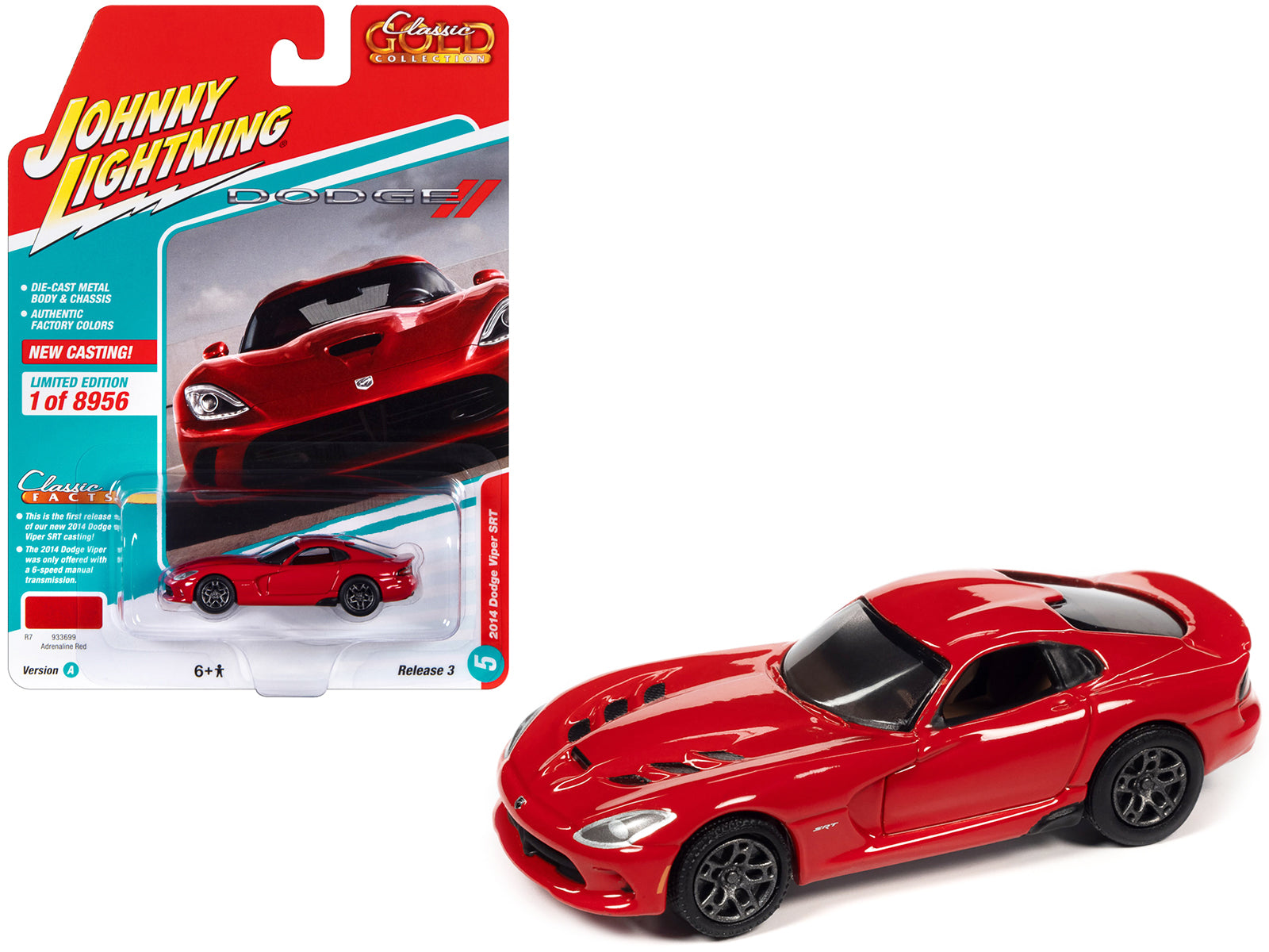 2014 Dodge Viper SRT Adrenaline Red "Classic Gold Collection" Series Limited Edition to 8956 pieces Worldwide 1/64 Diecast Model Car by Johnny Lightning free shipping USA