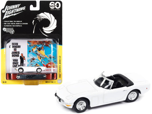 1967 Toyota 2000 GT Convertible RHD (Right Hand Drive) White 007 (James Bond) "You Only Live Twice" (1967) Movie with Collectible Tin Display "Silver Screen Machines" Series 1/64 Diecast Model Car by Johnny Lightning free shipping USA