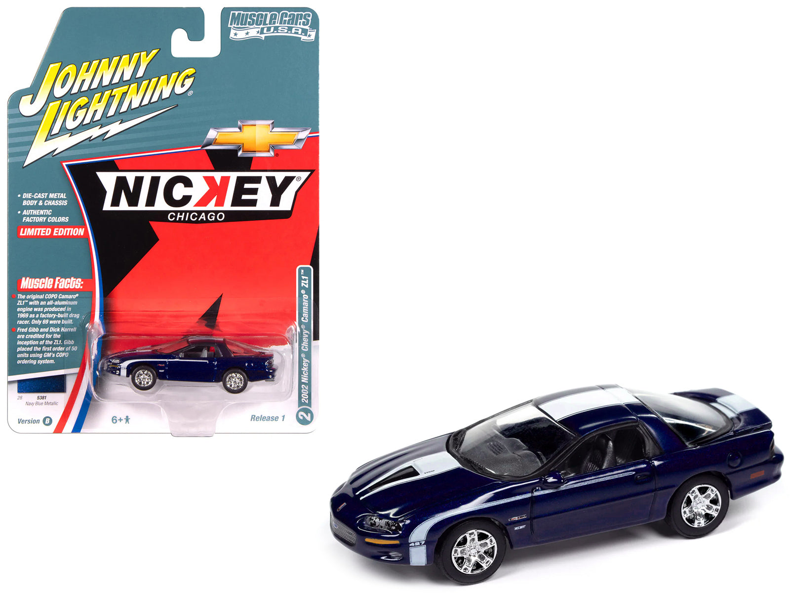 2002 Chevrolet Nickey Camaro ZL1 Navy Blue Metallic with White Stripes "Muscle Cars USA" Series 1/64 Diecast Model Car by Johnny Lightning free shipping USA