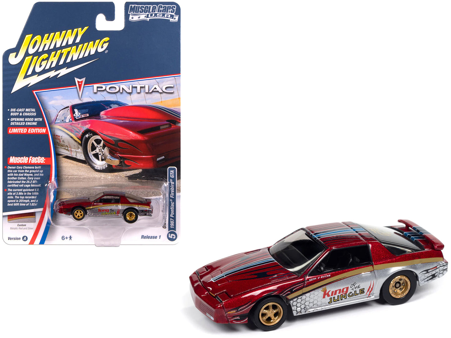 1987 Pontiac Firebird GTA "King of the Jungle" Red and Silver Metallic with Graphics "Muscle Cars USA" Series 1/64 Diecast Model Car by Johnny Lightning - Use code SHOPAPP15 to get 15 percent off