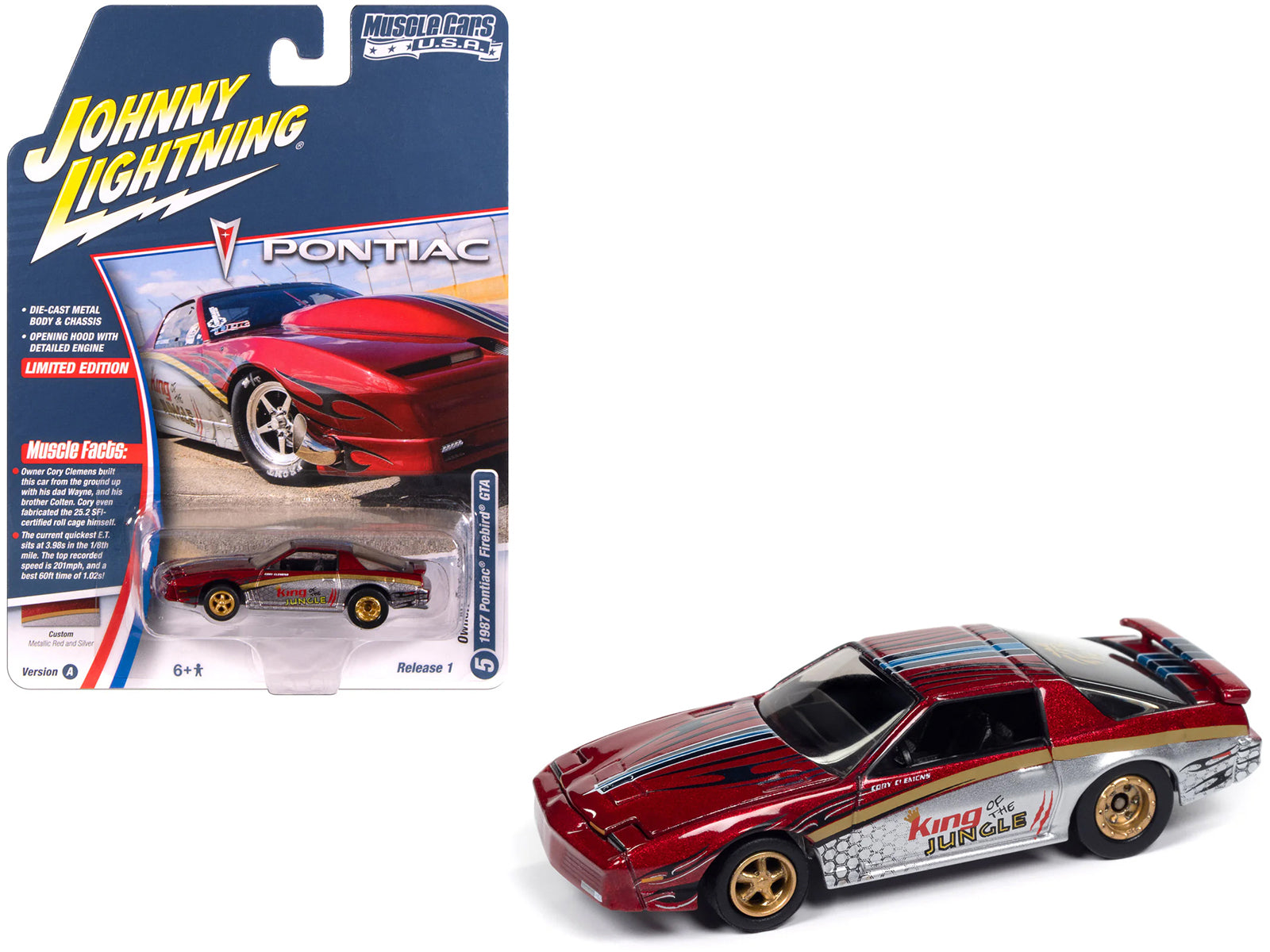 1987 Pontiac Firebird GTA "King of the Jungle" Red and Silver Metallic with Graphics "Muscle Cars USA" Series 1/64 Diecast Model Car by Johnny Lightning free shipping USA