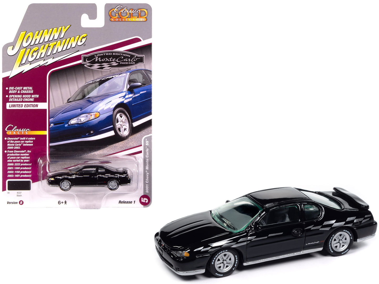 2001 Chevrolet Monte Carlo SS Black with Silver Graphics "Classic Gold Collection" 1/64 Diecast Model Car by Johnny Lightning - Use code SHOPAPP15 to get 15 percent off