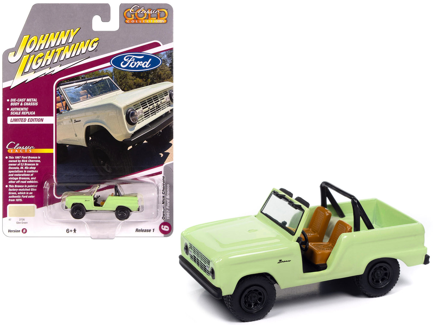 1967 Ford Bronco "Nick Cherrone" Glen Green "Classic Gold Collection" 1/64 Diecast Model Car by Johnny Lightning - Use code SHOPAPP15 to get 15 percent off