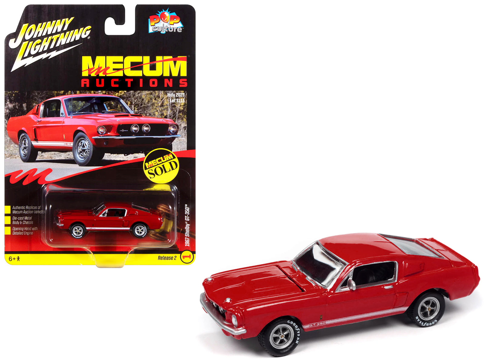 1967 Shelby GT-350 Red with White Side Stripes "Mecum Auctions" "Pop Culture" 2024 Release 2 1/64 Diecast Model Car by Johnny Lightning free shipping USA