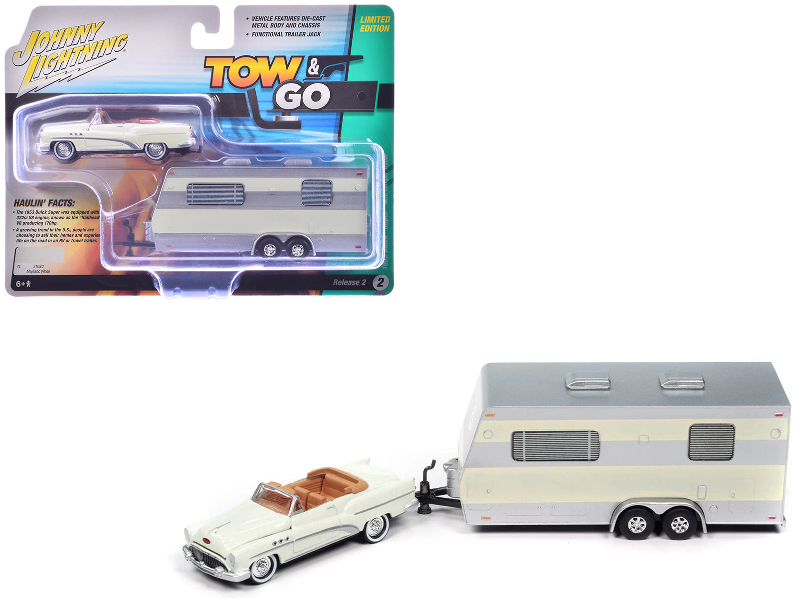 1953 Buick Super Cream with Travel Trailer Limited Edition "Tow & Go" Series 1/64 Diecast Model Car by Johnny Lightning free shipping USA