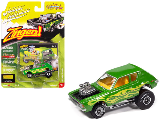 1971 AMC Gremlin Lime Green Metallic with Yellow Flames and Interior "Zingers!" Series 1/64 Diecast Model Car by Johnny Lightning - Use code SHOPAPP15 to get 15 percent off