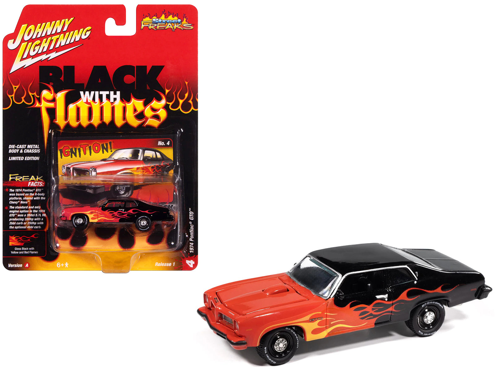 1974 Pontiac GTO Black and Red with Flame Graphics "Black with Flames" Series 1/64 Diecast Model Car by Johnny Lightning free shipping USA