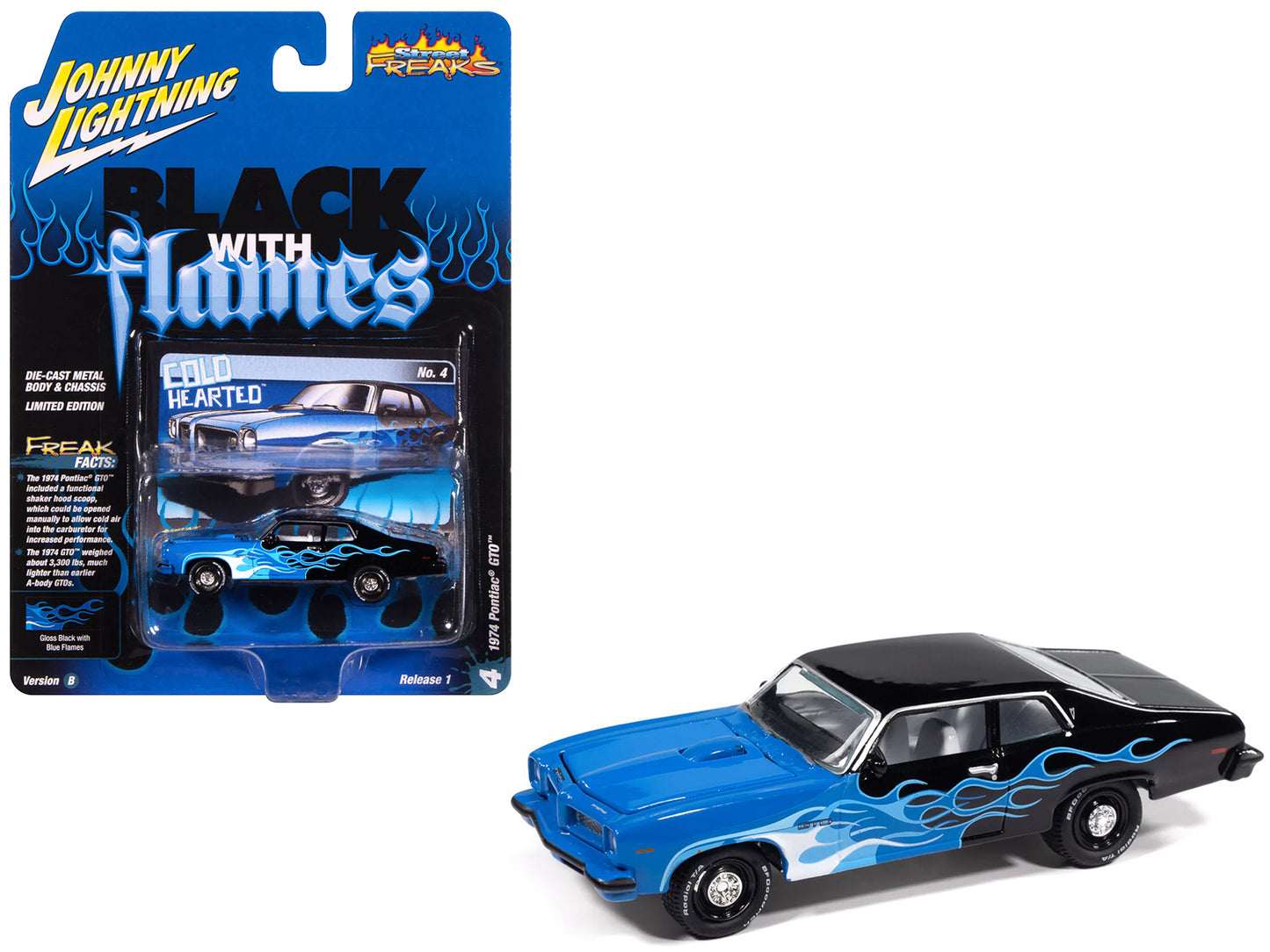 1974 Pontiac GTO Black and Blue with Blue Flame Graphics with White Interior "Black with Flames" Series 1/64 Diecast Model Car by Johnny Lightning - Use code SHOPAPP15 to get 15 percent off