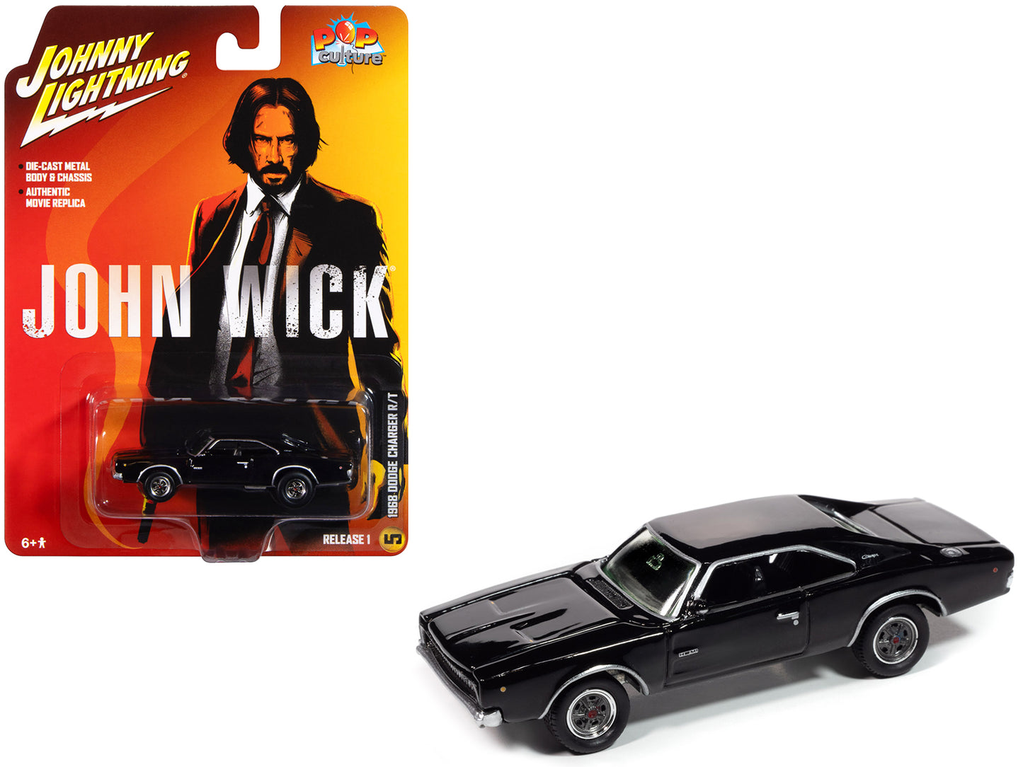 1968 Dodge Charger R/T Black "John Wick" (2014) Movie "Pop Culture" 2025 Release 1 1/64 Diecast Model Car by Johnny Lightning