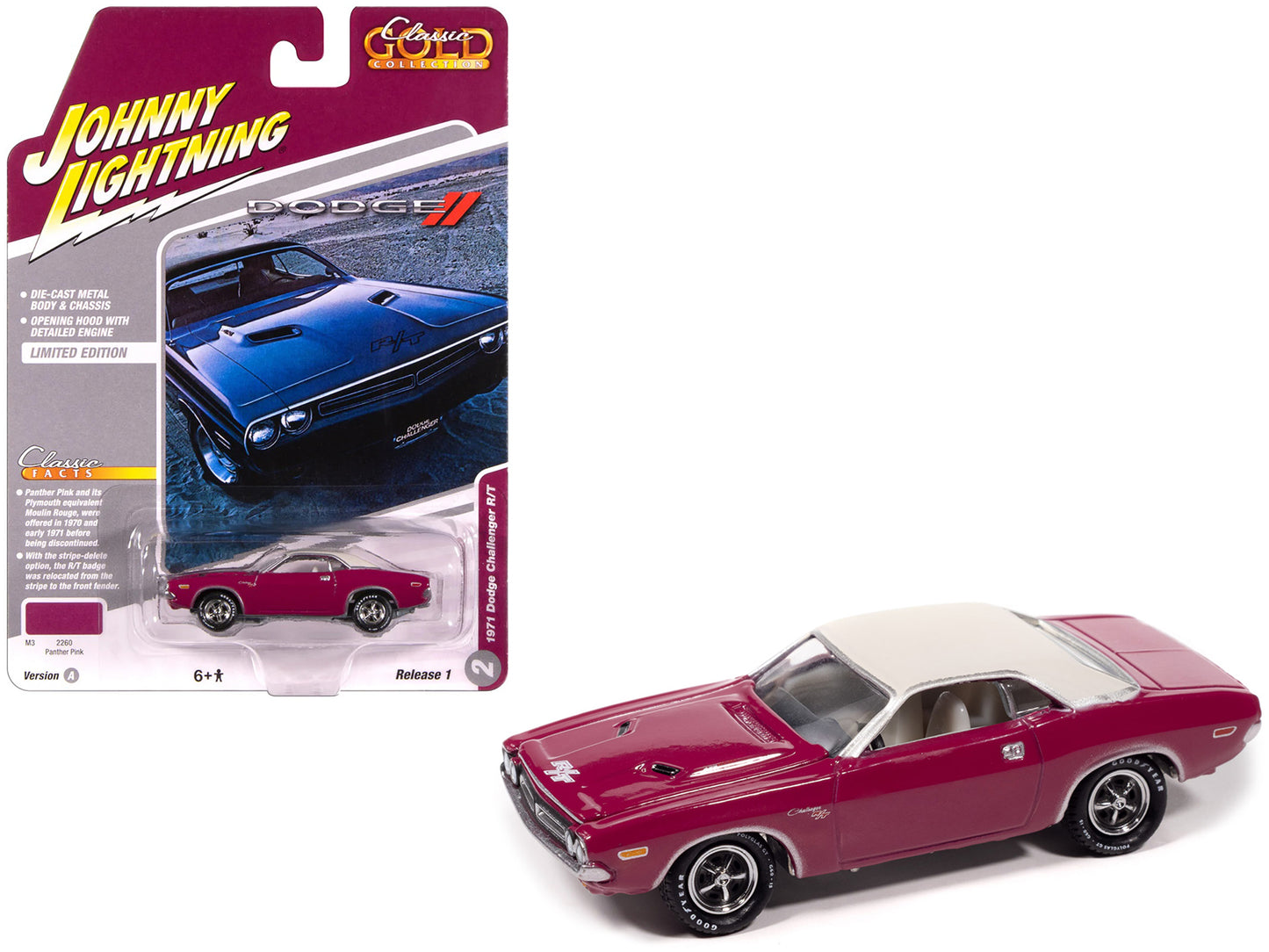 1971 Dodge Challenger R/T Panther Pink with White Top and Interior "Classic Gold Collection" 1/64 Diecast Model Car by Johnny Lightning