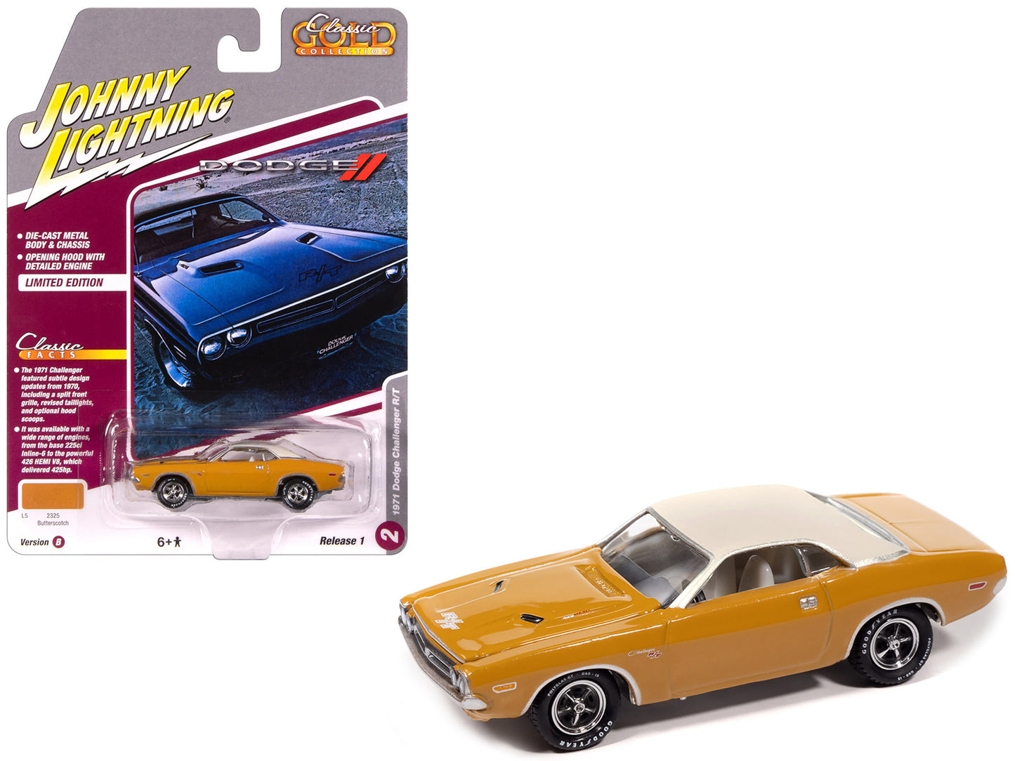 1971 Dodge Challenger R/T Butterscotch with White Top and Interior "Classic Gold Collection" 1/64 Diecast Model Car by Johnny Lightning - Use code SHOPAPP15 to get 15 percent off