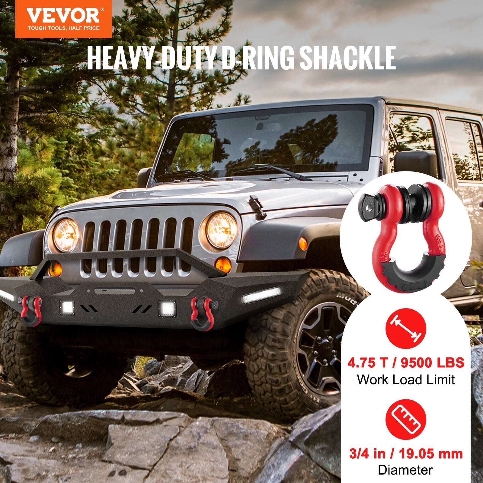 VEVOR 3/4" D-Ring Shackle, 2 Pack Alloy Steel Shackles 62832 lbs (28.5 Ton) Break Strength with 7/8" Screw Pin, Isolators & Washers, Heavy Duty Off Road Vehicle Recovery Shackle for Jeep Truck, Red - Premium Towing Winch from VEVOR - Just $37.79! Shop now at Rapidvehicles