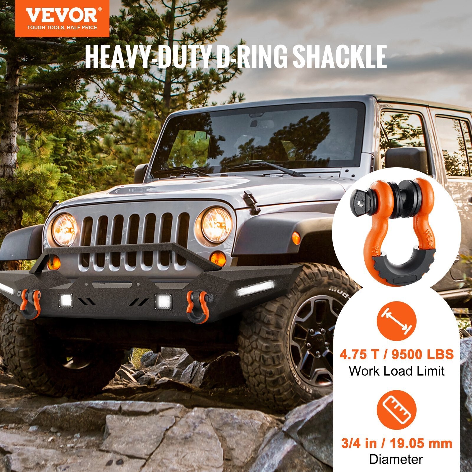 VEVOR 3/4" D-Ring Shackle, 2 Pack Alloy Steel Shackles 62832 lbs (28.5 Ton) Break Strength with 7/8" Screw Pin, Isolators & Washers, Heavy Duty Off Road Vehicle Recovery Shackle for Jeep Truck, Orange - Premium Towing Winch from VEVOR - Just $39.19! Shop now at Rapidvehicles