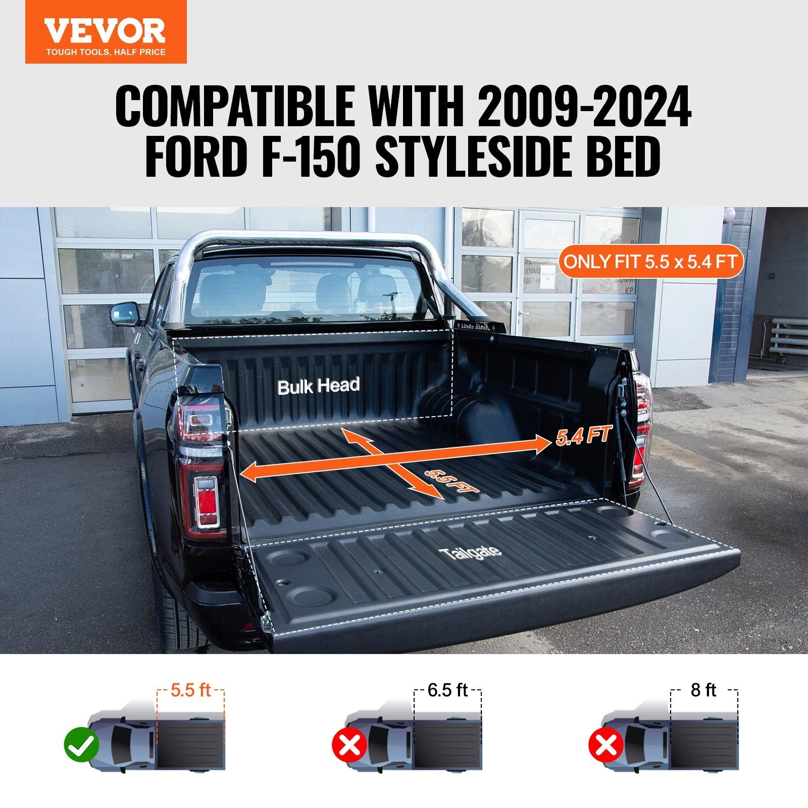 VEVOR Truck Bed Cover, Roll Up Truck Bed Tonneau Cover, Compatible with 2009-2024 Ford F-150 Styleside Bed, for 5.5 x 5.4 ft Bed, Soft PVC material, 100% Bed Access Roll Up Tonneau Cover - Premium Tonneau Cover from VEVOR - Just $193.99! Shop now at Rapidvehicles