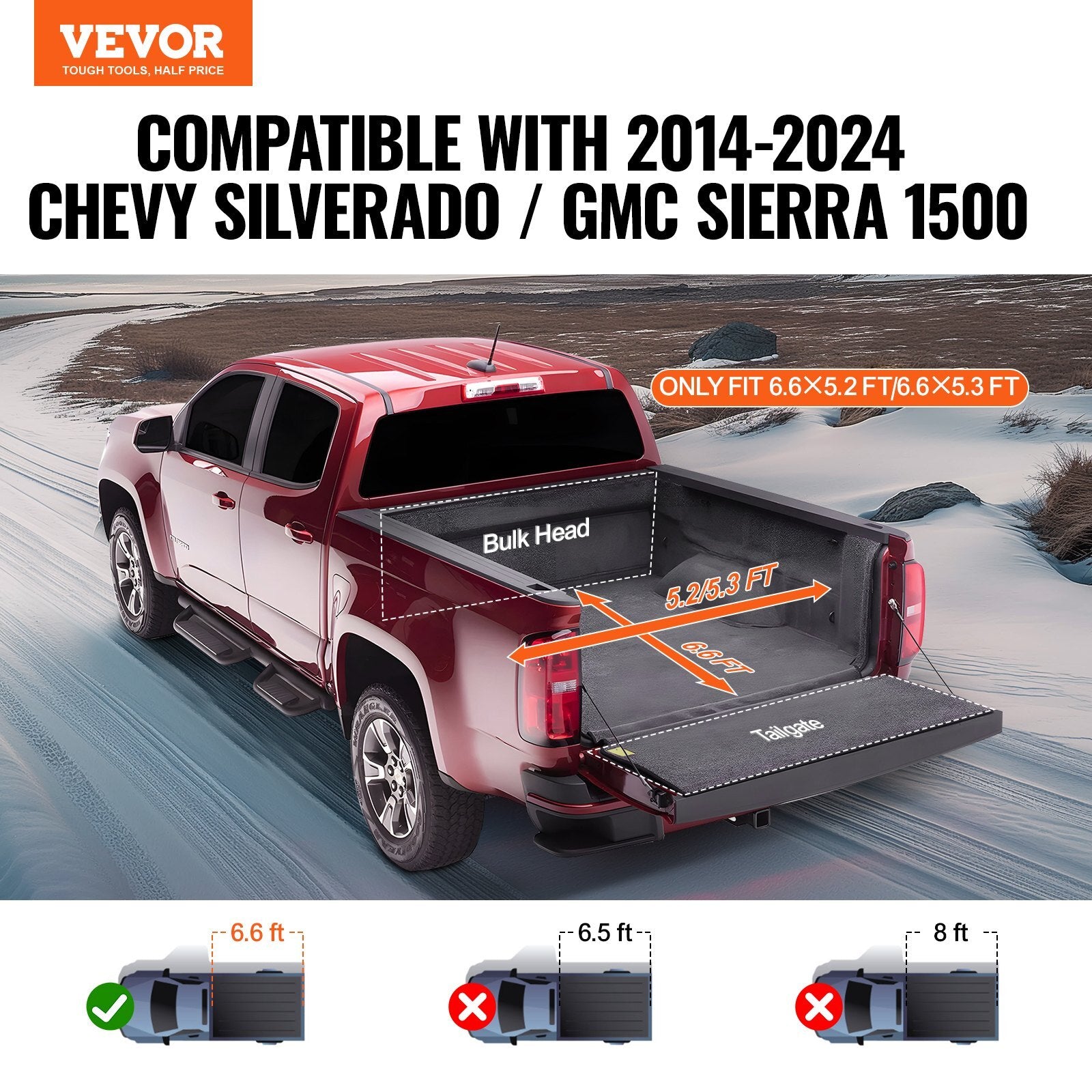 VEVOR Truck Bed Cover, Roll Up Truck Bed Tonneau Cover, Compatible with 2014-2024 Chevy Silverado / GMC Sierra 1500, for 6.6 x 5.2 ft / 6.6 x 5.3 ft Bed, Soft PVC material, Roll Up Tonneau Cover - Premium Tonneau Cover from VEVOR - Just $191.09! Shop now at Rapidvehicles