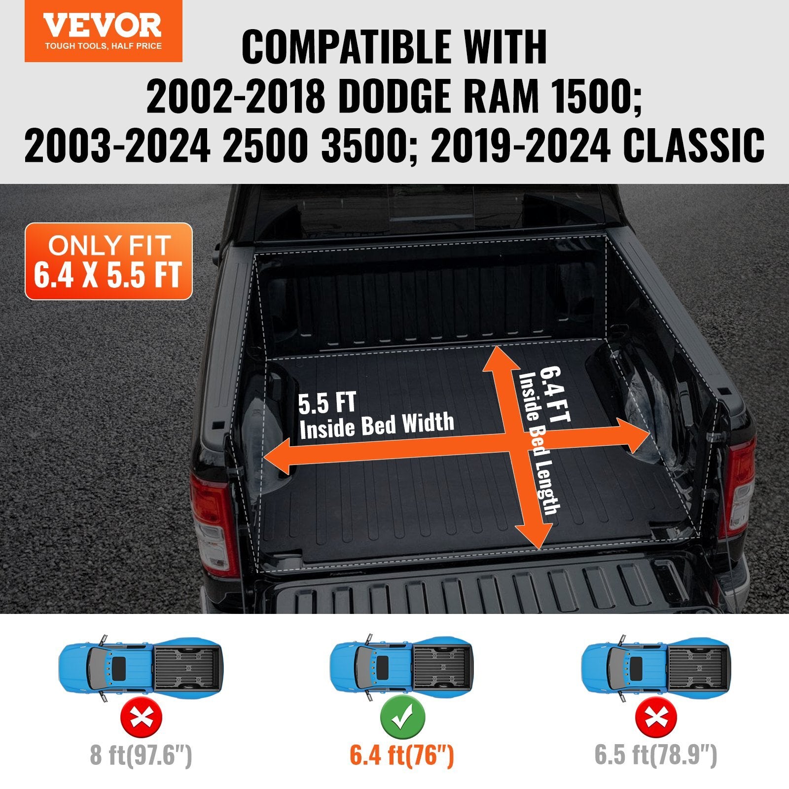 VEVOR Truck Bed Cover, Roll Up Truck Bed Tonneau Cover, Compatible with 2002-2018 Dodge Ram 1500, 2003-2024 2500 3500, 2019-2024 Classic, for 6.4 x 5.5 ft Bed, Soft PVC material, Roll Up Tonneau Cover - Premium Tonneau Cover from VEVOR - Just $197.59! Shop now at Rapidvehicles