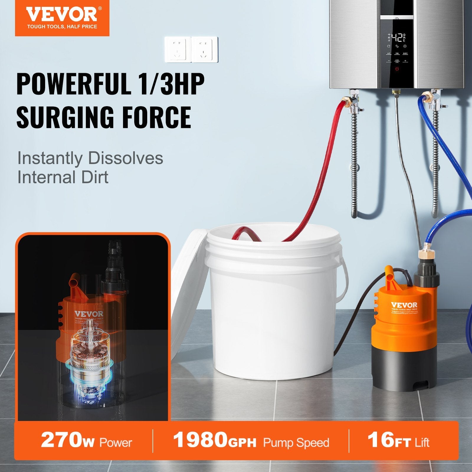 VEVOR Tankless Water Heater Flushing Kit, Includes Efficient Pump & 3.7 Gallon Pail & 2 Hoses, Wrench and Adapter for Quick Install,  Easy to Start Water Heater Flush Descale Kit Anti-corrosion - Premium Water Heater Accessories from VEVOR - Just $98.59! Shop now at Rapidvehicles