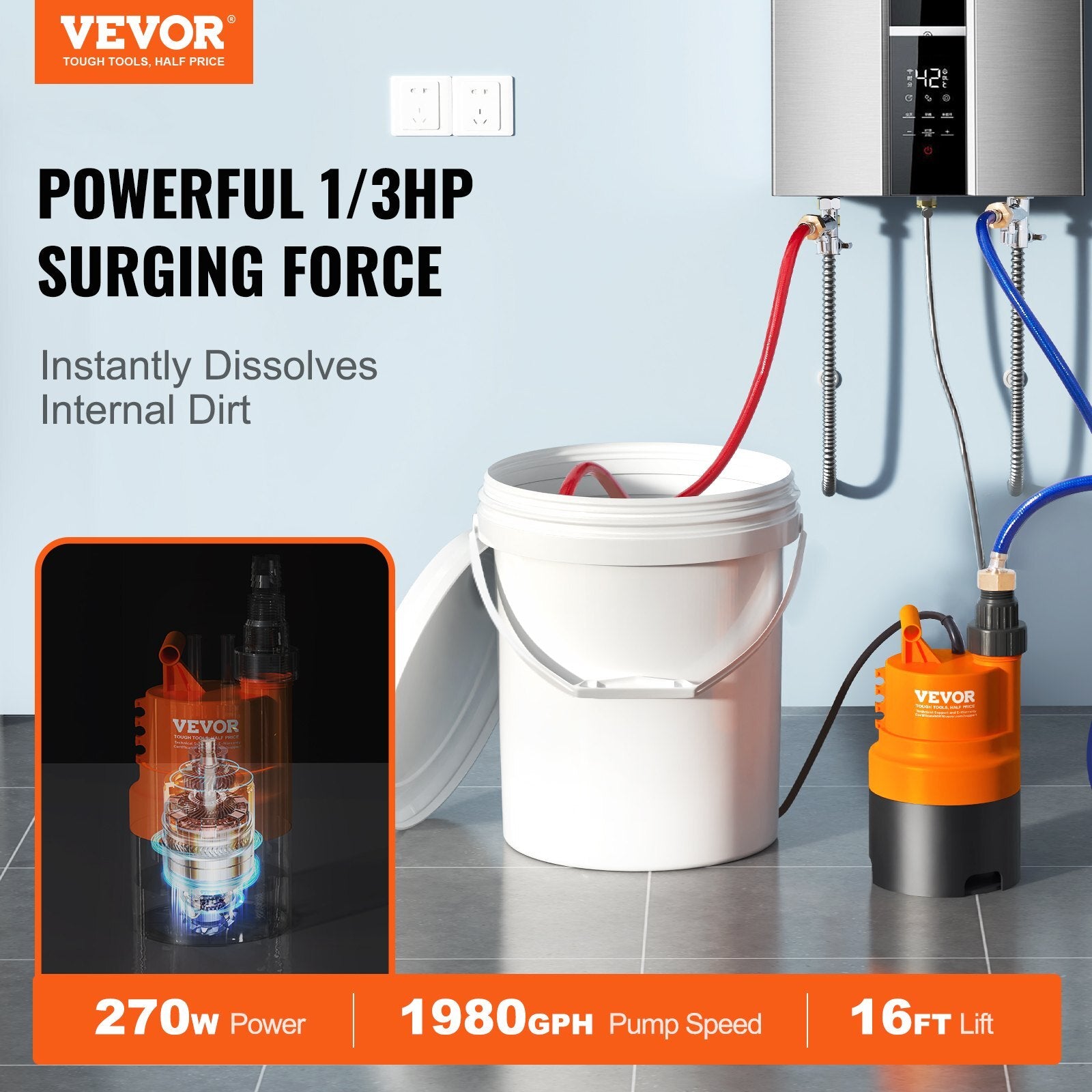 VEVOR Tankless Water Heater Flushing Kit, Includes Efficient Pump & 5 Gallon Pail & 2 Hoses & Descaling Powder, Wrench and Adapter for Quick Install Easy to Start, Water Heater Flush Kit - Premium Water Heater Accessories from VEVOR - Just $105.74! Shop now at Rapidvehicles