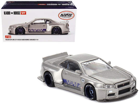 Nissan Skyline GT-R (R34) "Kaido Works Shinjuku V1" RHD (Right Hand Drive) Silver Metallic (Designed by Jun Imai) "Kaido House" Special 1/64 Diecast Model Car by Mini GT