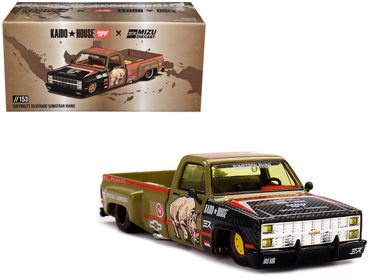 Chevrolet Silverado Dually Pickup Truck "Sumatran Rhino" Tan and Carbon with Graphics (Designed by Jun Imai) "Kaido House" Special 1/64 Diecast Model Car by Mini GT - Use code SHOPAPP15 to get 15 percent off