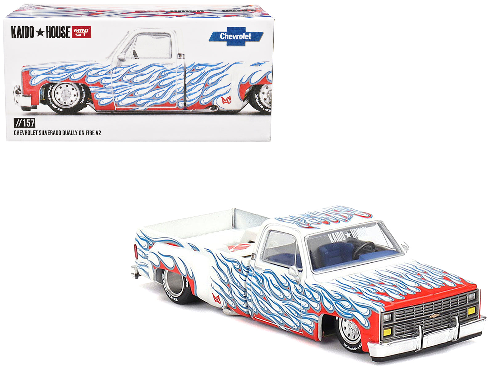 Chevrolet Silverado Dually Pickup Truck "On Fire V2" White Metallic with Blue Flames and Blue Interior (Designed by Jun Imai) "Kaido House" Special 1/64 Diecast Model Car by Mini GT free shipping USA