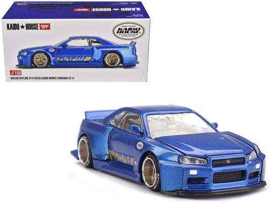 Nissan Skyline GT-R (R34) "SHINJUKU V2 Aero" RHD (Right Hand Drive) Blue Metallic (Designed by Jun Imai) "Kaido House" Special 1/64 Diecast Model Car by Mini GT - Use code SHOPAPP15 to get 15 percent off