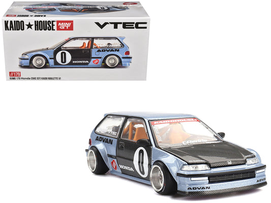 Honda Civic (EF) "Kaido Roulette V1" Blue Metallic with Carbon Hood and Doors (Designed by Jun Imai) "Kaido House" Special 1/64 Diecast Model Car by Mini GT