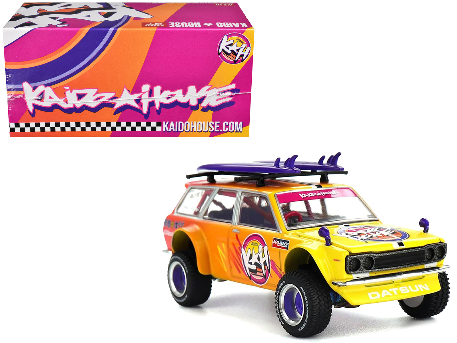 Datsun Kaido 510 Wagon 4x4 RHD (Right Hand Drive) "Kaido Islands V1" Yellow to Red Gradient with Surfboards (Designed by Jun Imai) "Kaido House" Special 1/64 Diecast Model Car by Mini GT free shipping USA